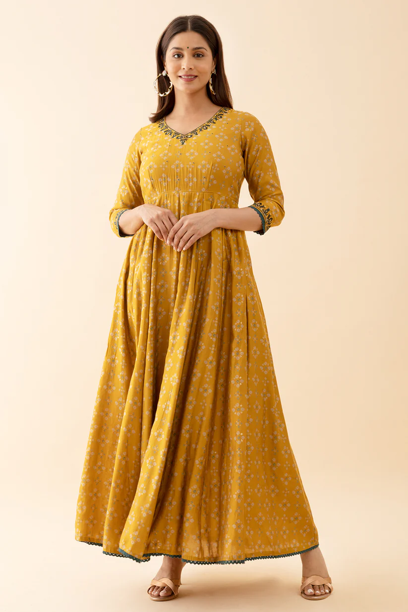 Ditsy Floral Printed Anarkali with Jewel Inspired Neckline Mustard